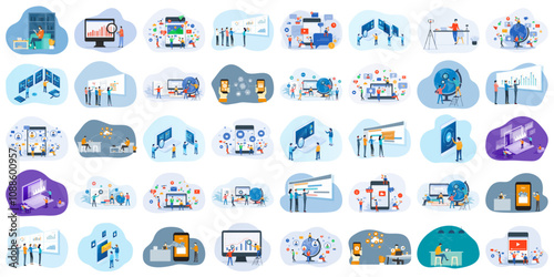 set flat vector illustration design style concept. with business cartoon character design. social media and digital marketing online connection. online education. data analytics. finance investment. 