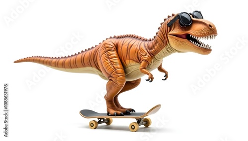 Tyrannosaurus rex dinosaur wearing sunglasses and riding a skateboard on a white background