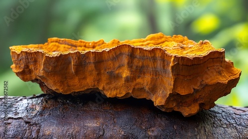 Close-up of a vibrant orange shelf fungus on a rusty log in a forest.