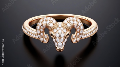 A stunning golden Aries ring adorned with diamonds and a rams head crafted from gold and pearls on a deep black backdrop