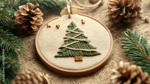 Concept of christmas holiday craft with new year fir tree embroidering with wooden thread, handmade present, postcard made with recyclable materials. Hobby, leisure time, family time. Zero waste