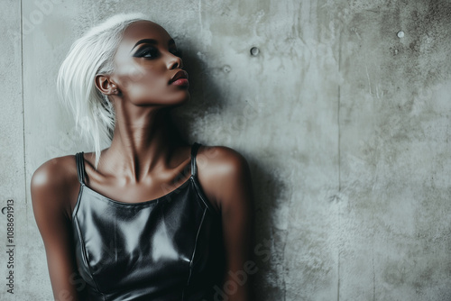 A beautiful dark skin girl with white hair in a black dress standing on old gray wall background with copy space.