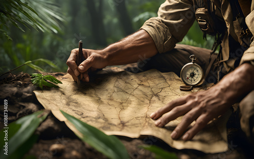 Explorer mapping uncharted jungle terrain, compass and map in hand, humid mist rising