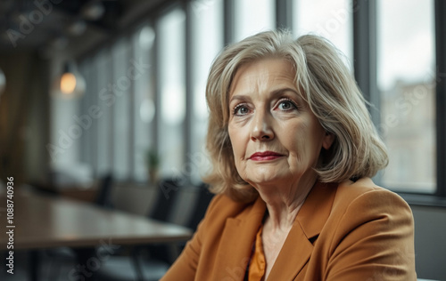 elderly woman in her 60s, program coordinator, gabardine style, collaboration table, natural light from large windows, simple blurry background