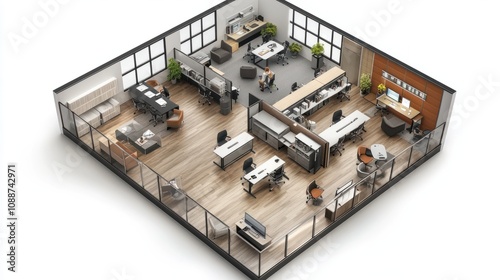 Collaborative Office Space: A spacious and modern office layout with collaborative work areas and contemporary design elements, perfect for illustrating teamwork and corporate culture. High