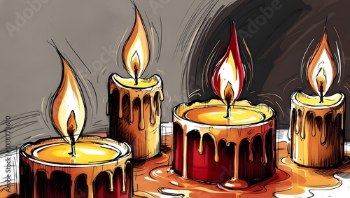 Three burning melted candles sketch