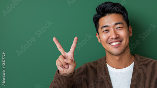 Asian man smiling and making peace sign, copy space, single color background