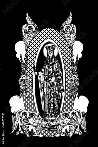 Saint Helena. Illustration with angels and seraphim in heaven black and white in Byzantine style