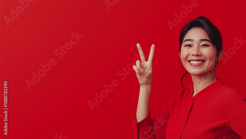 Asian woman smiling and making peace sign, copy space, single color background