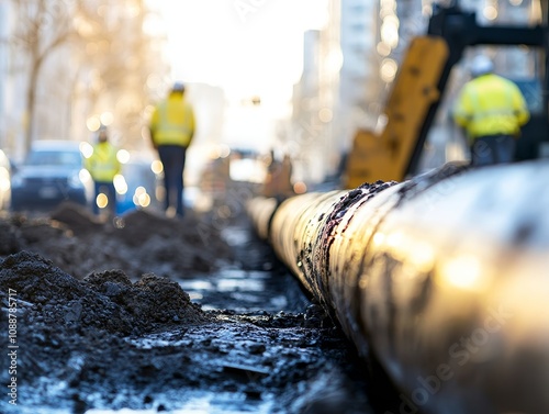 Workers repairing oil pipeline on city street with urban landscape in blurred background