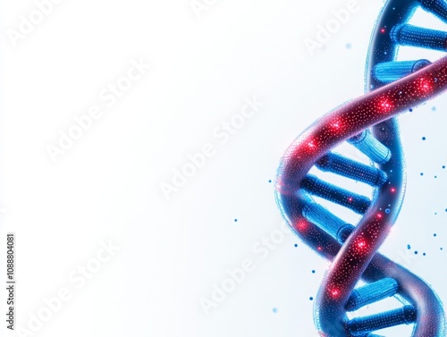 red and blue dna double helix , high tech genetic strand, biology and technology, biotechnology and genetics research.on a grey background 