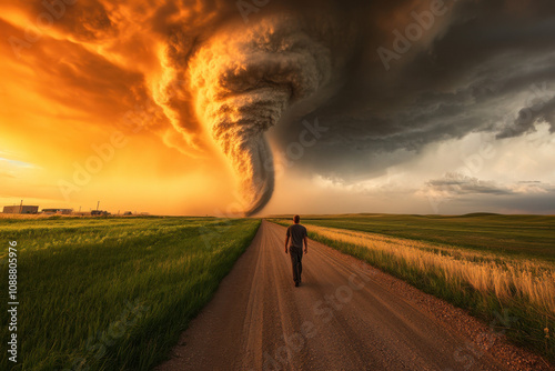 A lone person walks toward a massive tornado under a dramatic sky, capturing the power and unpredictability of nature in a rural setting.