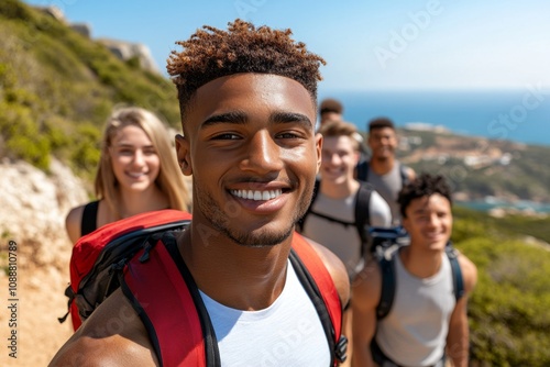 Diverse group of young people hiking up a trail, nature adventure and exploration theme