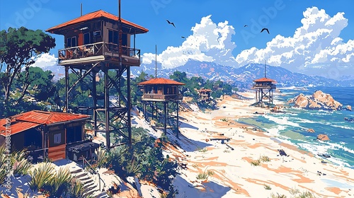 Elevated Beachfront Cabanas A Vibrant Coastal Scene. This digital painting depicts several charming elevated cabanas situated along a sandy beach, overlooking a picturesque ocean.