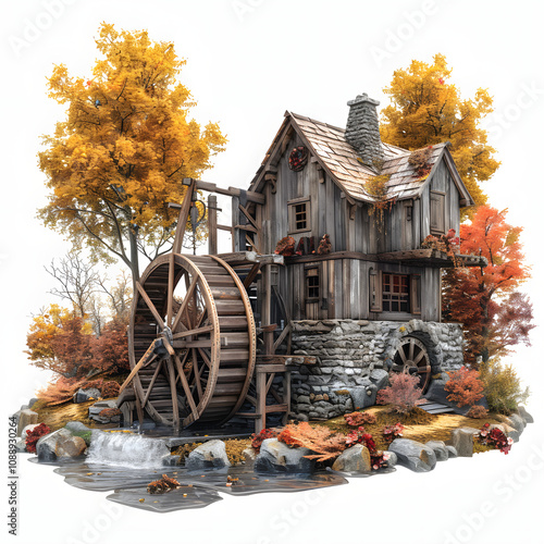 autumn at the grist mill with a white accent, photo, png