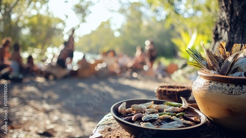 Outdoor bush tucker ceremony featuring native foods, highlighting sustainability