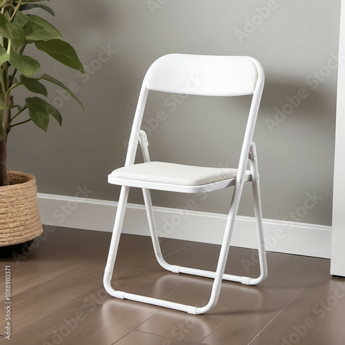 A lightweight, foldable chair with a sleek, white frame and cushioned seat for portability and comfort.