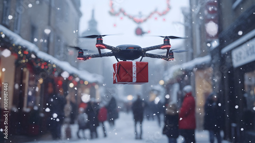 A delightful scene of an animated drone soaring through a festive snowy street, delivering a bright Christmas package while children gaze in excitement and wonder at the holiday spectacle