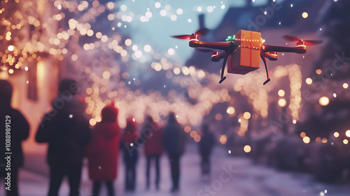 A delightful scene of an animated drone soaring through a festive snowy street, delivering a bright Christmas package while children gaze in excitement and wonder at the holiday spectacle