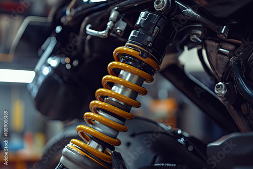 Motorcycle mechanic check and change rear shock absorbers motorcycle at motorcycle garage, repair, maintenance, and service concept