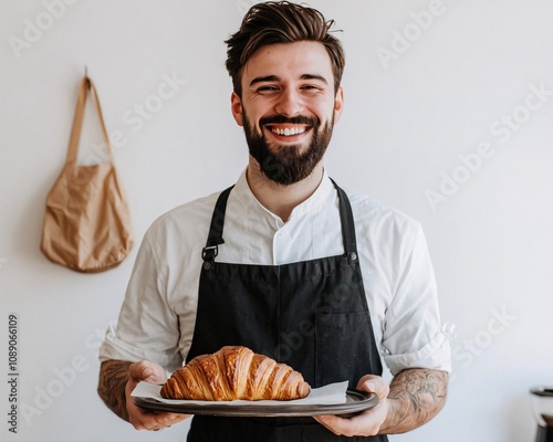 A joyful baker proudly displays a freshly baked croissant, showcasing skill and passion in a bright kitchen.