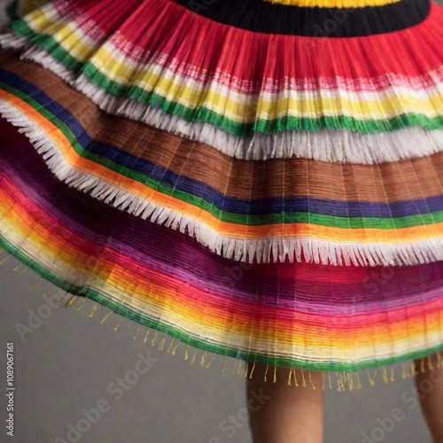 Extreme Macro, Rack Focus, Eye Level Shot: The flowing motion of a dancer's costume fringe, rendered in sharp vector lines, showing the dynamic movement and the contrast between the bright costume col