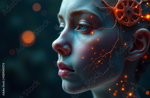 portrait of a girl with Abstract microscopic neural connections mycelium background nervous mind brain system meaning