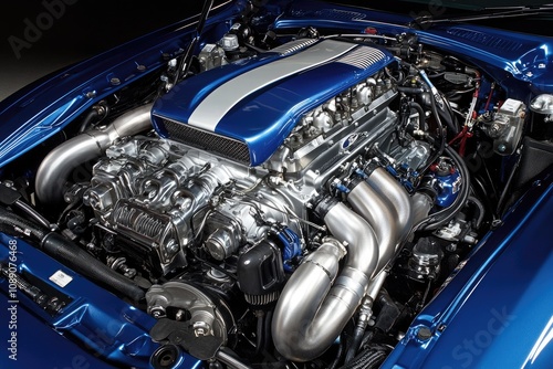 Powerful customized car engine showing pistons and manifold