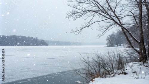 kes gently falling on a frozen lake, lake, frosty morning, whiteout