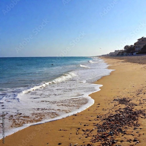 A full shot of a sandy beach with seagulls at eye level, with gentle waves lapping at the shore and a clear horizon.