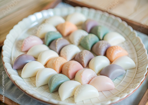 Traditional Korean rice cakes in pastel colors, shaped like half-moons