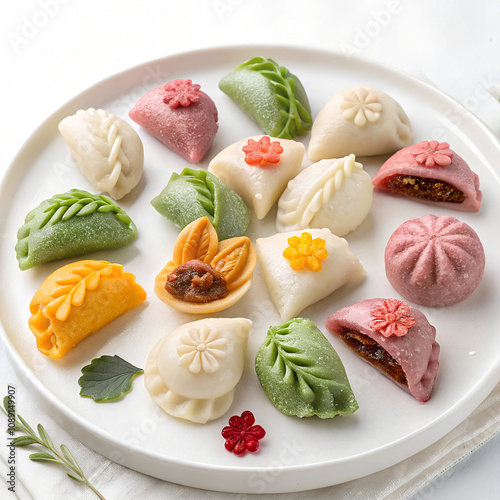 Traditional Korean rice cakes in pastel colors, shaped like half-moons