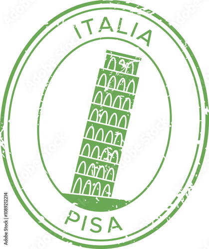 Round green rubber stamp simulating a worn out effect with the leaning tower of pisa and the words italia and pisa written inside, isolated on a white background