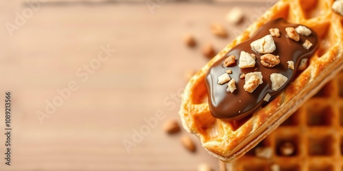 A rich waffle stick filled with a creamy chocolate ganache and topped with chopped nuts, creamy, decadent