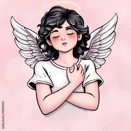 illustration of a woman with angel wings and a halo.