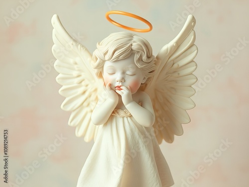 there is a small white angel figurine with a halo on its head.