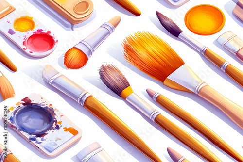 Seamless pattern of various artist paintbrushes and paint containers.