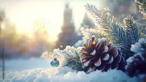 Frosted pinecones in a snowy forest close-up details