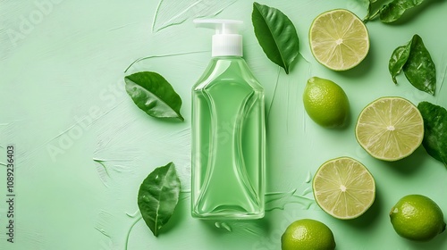 A bottle fresh lime-scented dishwashing liquid, displayed with lime halves and leaves against a refreshing green background.