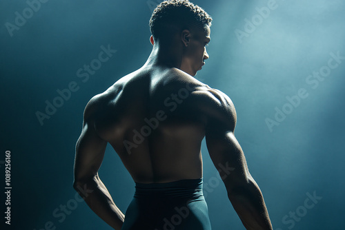 A powerful gender fluid athlete posing freely with their back toward the camera, studio backlight.