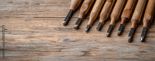 Skill and chisel concept. series of chisels arranged neatly on wooden surface, showcasing craftsmanship