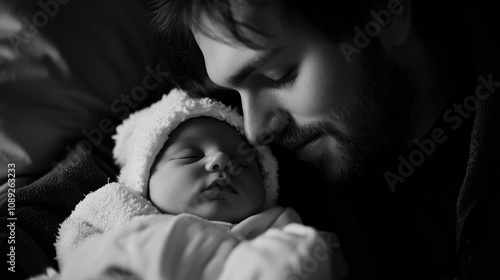 Father tenderly kisses his sleeping baby while tucking them in, capturing a moment of love and tranquility in monochrome.