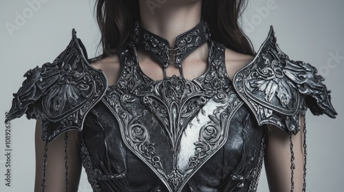 Elegant women's fantasy armor showcasing a detailed handmade silver metal breastplate adorned with gothic patterns and delicate steel accents.