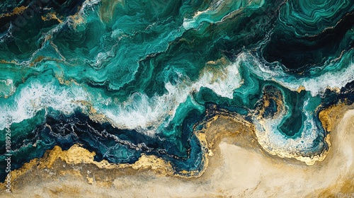 Aerial view of vibrant aquamarine and malachite waters meeting a sandy shore, highlighting rich green tones and dynamic wave patterns.