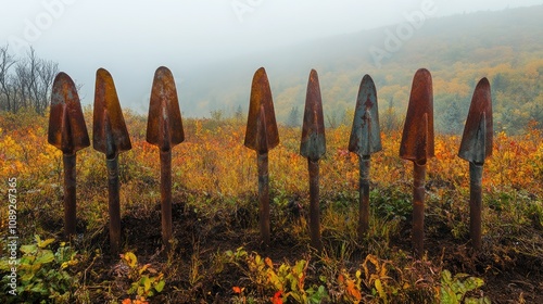 Rusty Chumbera shovels stand vertically in a foggy landscape, showcasing unique spikes amidst vibrant autumn foliage.