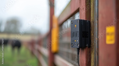 Close-up of an RFID tag reader mounted on a fence, designed for animal tracking, enhancing inventory and health monitoring for efficient farm management.