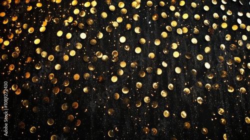 Black background embellished with shimmering gold sparkles, perfect for festive occasions or artistic design projects.