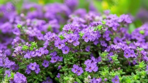 Close-up view of vibrant purple wild thyme flowers blooming abundantly in a lush summer meadow, highlighting delicate petals and green foliage.