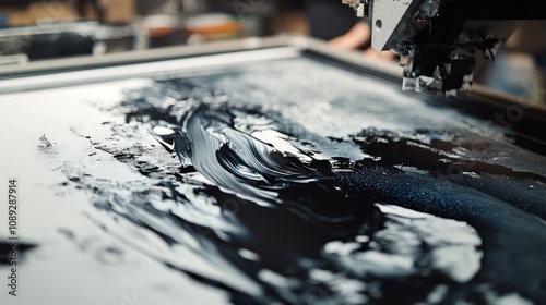 Large format digital printer close-up showcasing the intricate printing process with flowing black ink on glossy surface, highlighting mechanical precision and artistry.