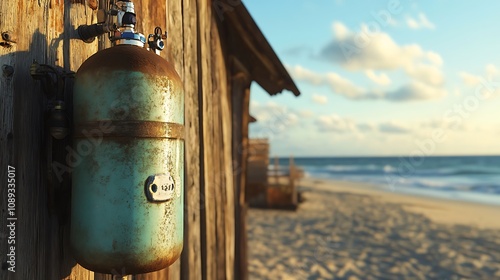 Rustic Scuba Tank Leans Against a Beach Shack at Sunset AI Generated